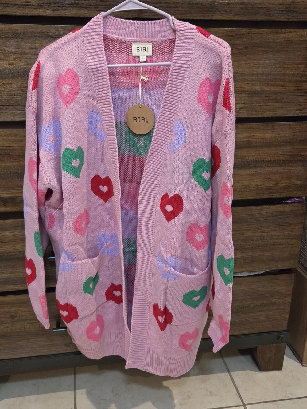 BiBi Pink Heart-Print Open Cardigan Sweater Size Large NEW